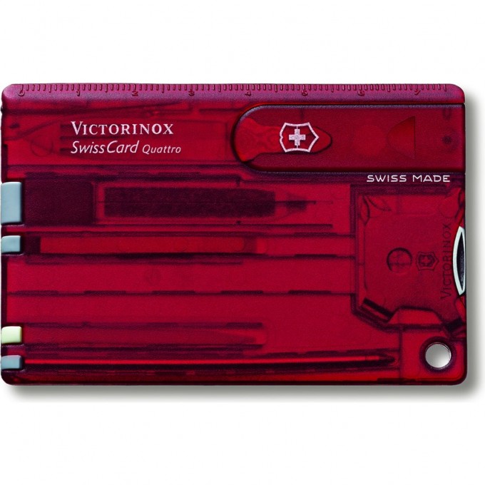 Швейцарская карточка VICTORINOX SwissCard Quattro, 14 функций, полупрозрачная красная 0.7200.T